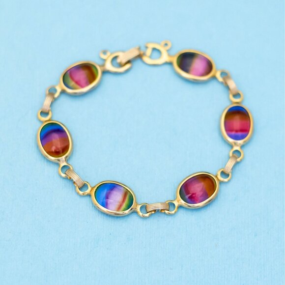 7 1/4 inch, Vintage Round Oval Rainbow Gem Gold Tone Bracelet - N35 - Picture 1 of 3